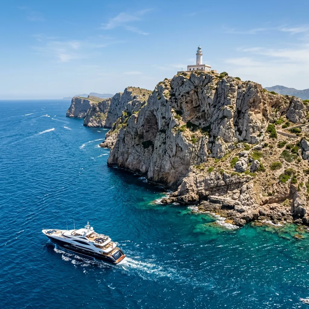 Blick auf den Leuchtturm von Cap Formentor auf der Klippe